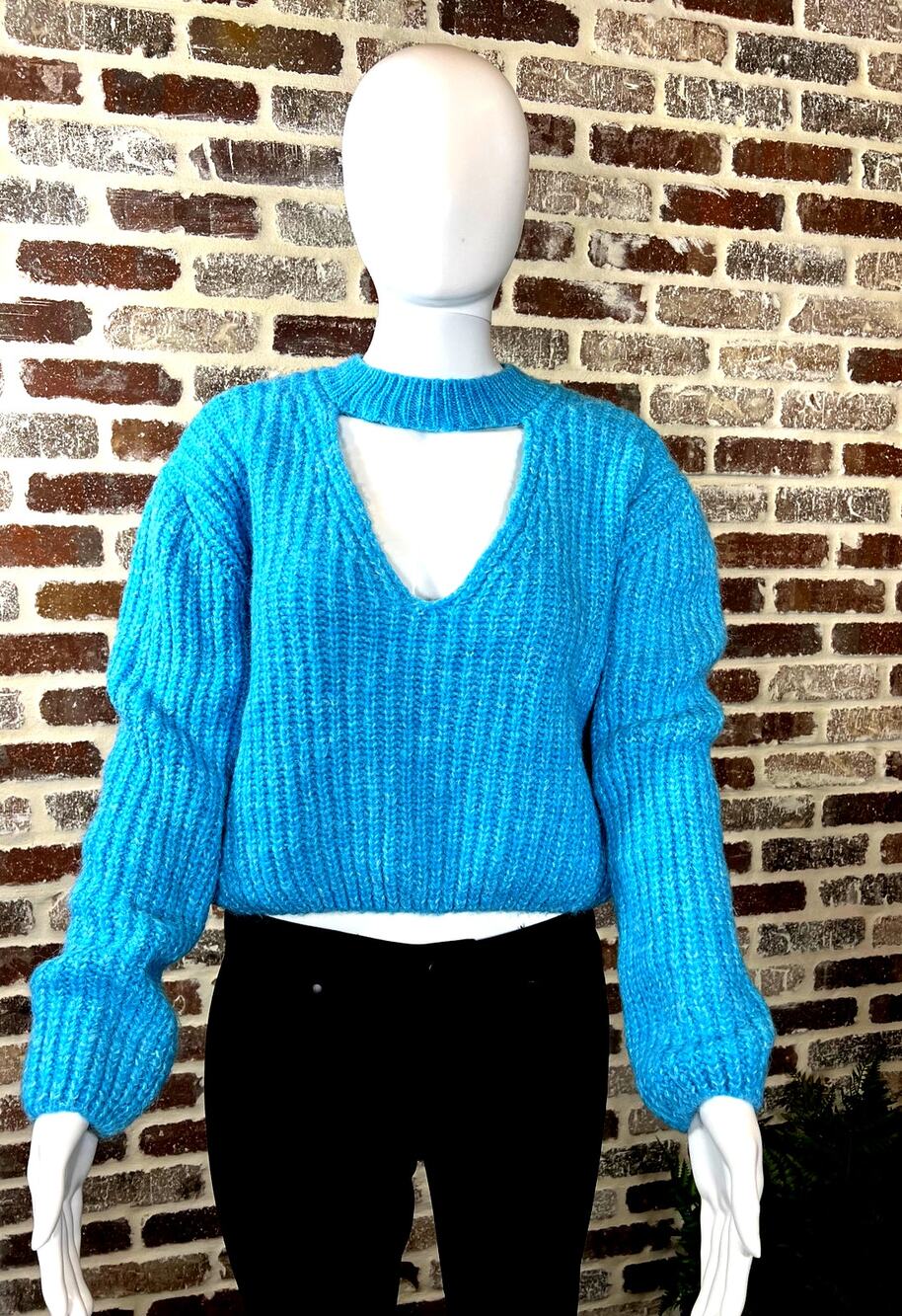 Zara Chunky Knit Ribbed Texture Crop Chocker Style Turquoise Sweater Women's M